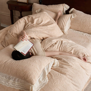VILZSTUDIOS dusty pink or warm beige embossed fleece duvet cover set with cream butterfly lace trim
