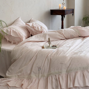 VILZSTUDIOS blush pink butterfly and floral embroidered bedding set with lace borders and gathered ruffles