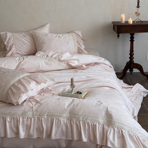 VILZSTUDIOS blush pink butterfly and floral embroidered bedding set with lace borders and gathered ruffles
