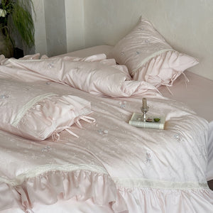 VILZSTUDIOS blush pink butterfly and floral embroidered bedding set with lace borders and gathered ruffles