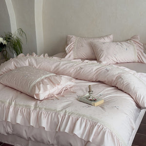 VILZSTUDIOS blush pink butterfly and floral embroidered bedding set with lace borders and gathered ruffles
