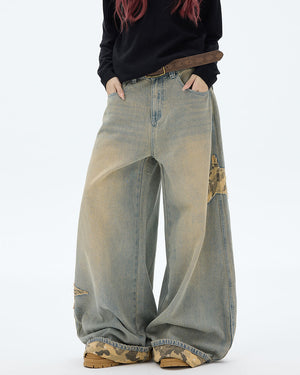 VILZSTUDIOS Wide leg denim jeans with star and camouflage details