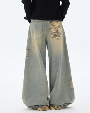 VILZSTUDIOS Wide leg denim jeans with star and camouflage details