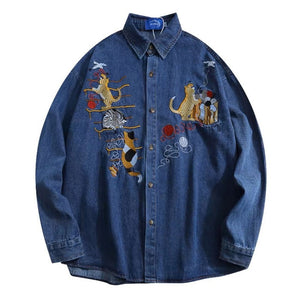 VILZSTUDIOS Cat embroidery retro style denim shirt
