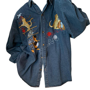 VILZSTUDIOS Cat embroidery retro style denim shirt