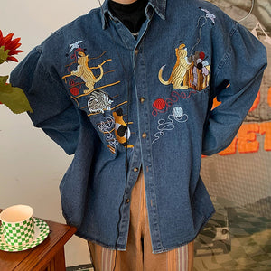 VILZSTUDIOS Cat embroidery retro style denim shirt