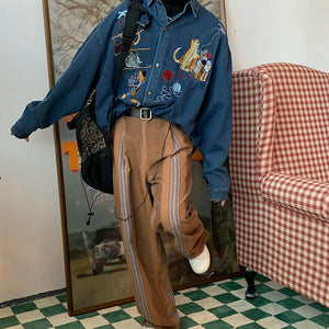VILZSTUDIOS Cat embroidery retro style denim shirt