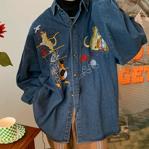 VILZSTUDIOS Cat embroidery retro style denim shirt