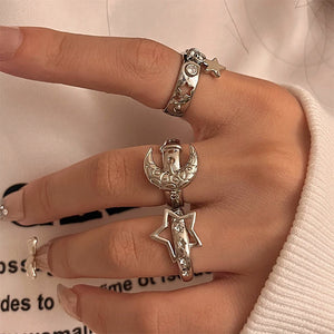 VILZSTUDIOS Celestial charm ring set featuring moon and star designs
