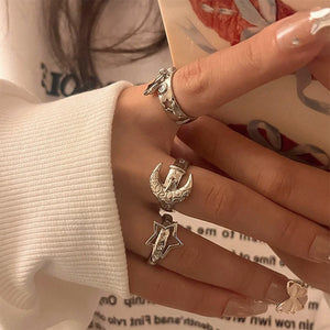 VILZSTUDIOS Celestial charm ring set featuring moon and star designs