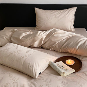 VILZSTUDIOS champagne beige floral jacquard duvet cover set with solid borders and script embroidery