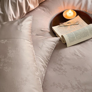 VILZSTUDIOS champagne beige floral jacquard duvet cover set with solid borders and script embroidery