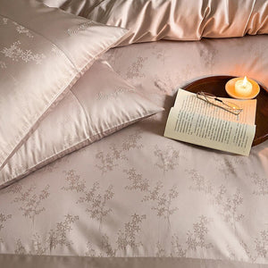 VILZSTUDIOS champagne beige floral jacquard duvet cover set with solid borders and script embroidery