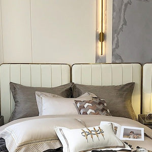 VILZSTUDIOS champagne and taupe satin bedding set with houndstooth borders and geometric ribbon trim
