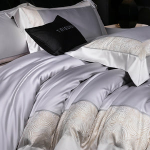 VILZSTUDIOS champagne and beige animal jacquard border duvet cover set with wide tailored flanges