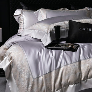VILZSTUDIOS champagne and beige animal jacquard border duvet cover set with wide tailored flanges
