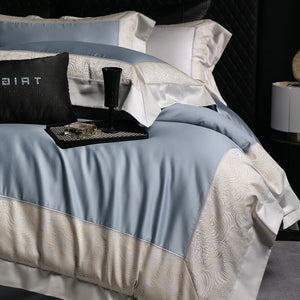 VILZSTUDIOS champagne and beige animal jacquard border duvet cover set with wide tailored flanges