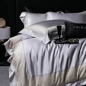 VILZSTUDIOS champagne and beige animal jacquard border duvet cover set with wide tailored flanges
