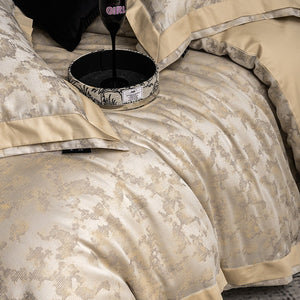 VILZSTUDIOS champagne gold and ivory painterly jacquard satin bedding set with wide borders