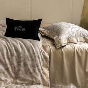 VILZSTUDIOS champagne gold and ivory painterly jacquard satin bedding set with wide borders