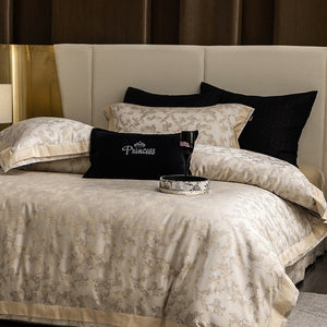 VILZSTUDIOS champagne gold and ivory painterly jacquard satin bedding set with wide borders