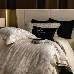 VILZSTUDIOS champagne gold and ivory painterly jacquard satin bedding set with wide borders