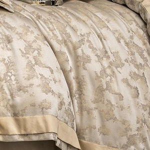 VILZSTUDIOS champagne gold and ivory painterly jacquard satin bedding set with wide borders