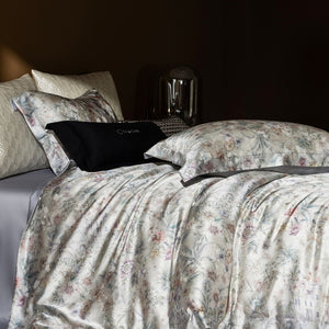 VILZSTUDIOS champagne botanical and architectural print satin duvet cover set with flanged pillowcases