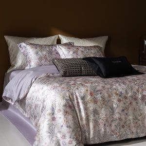 VILZSTUDIOS champagne botanical and architectural print satin duvet cover set with flanged pillowcases