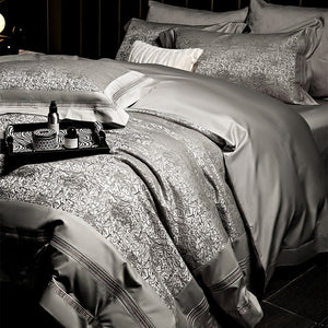 VILZSTUDIOS champagne-silver textured jacquard duvet cover set with wide satin borders