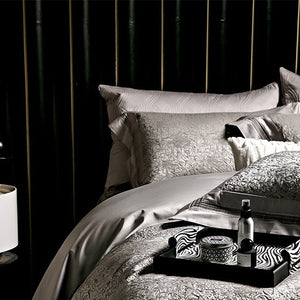 VILZSTUDIOS champagne-silver textured jacquard duvet cover set with wide satin borders