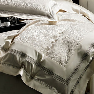 VILZSTUDIOS champagne-silver textured jacquard duvet cover set with wide satin borders