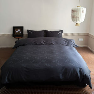 VILZSTUDIOS charcoal damask satin duvet cover set with pinstripe texture and white floral pillowcase embroidery