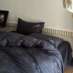 VILZSTUDIOS charcoal damask satin duvet cover set with pinstripe texture and white floral pillowcase embroidery
