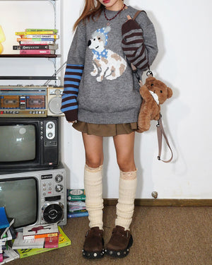 VILZSTUDIOS Charming dog graphic striped sleeve jumper from VILZSTUDIOS