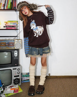 VILZSTUDIOS Charming dog graphic striped sleeve jumper from VILZSTUDIOS