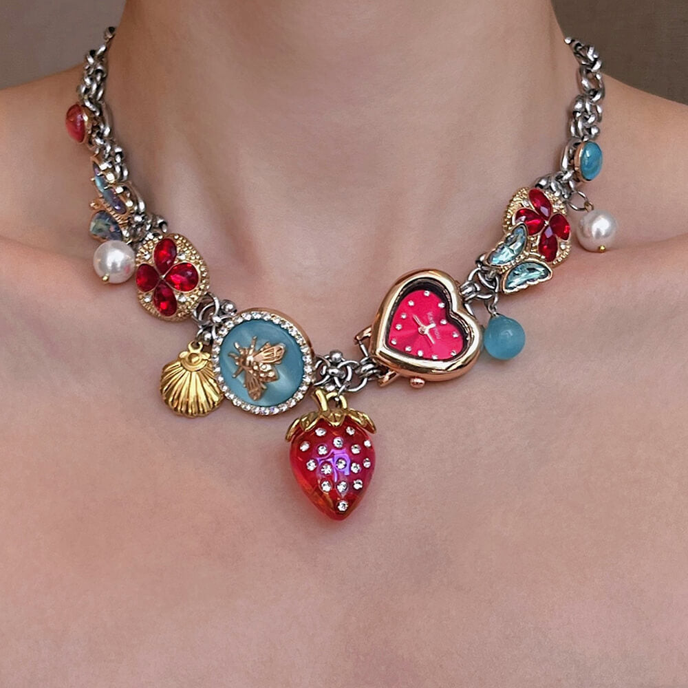 VILZSTUDIOS Charming heart clock pendant necklace with detailed charms
