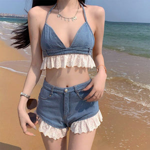 VILZSTUDIOS Stylish denim co-ord set with ruffle details