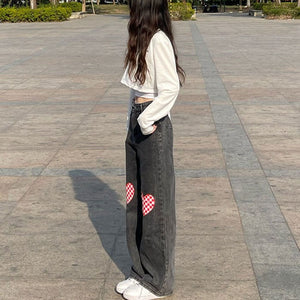 VILZSTUDIOS Checker heart pattern loose fit jeans by VILZSTUDIOS