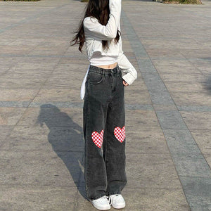 VILZSTUDIOS Checker heart pattern loose fit jeans by VILZSTUDIOS