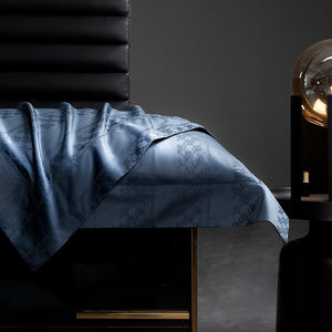 VILZSTUDIOS steel blue satin checkerboard stripe duvet cover set with wide flanged borders