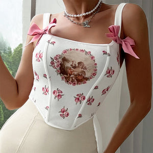 VILZSTUDIOS Stylish corset top with bow straps and cherub print