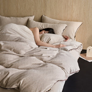 VILZSTUDIOS warm cream chevron ribbed fleece bedding set with dark brown piping