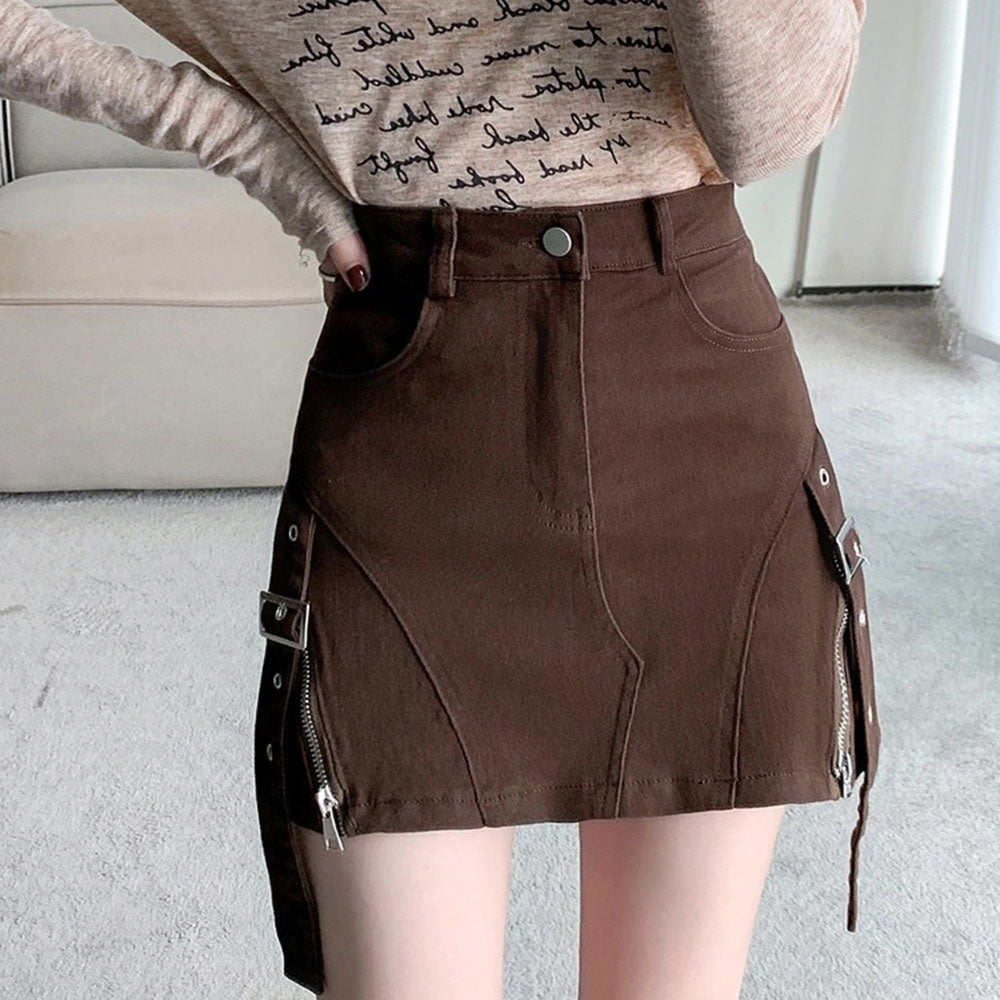 VILZSTUDIOS Stylish high-waisted denim skirt with buckle straps