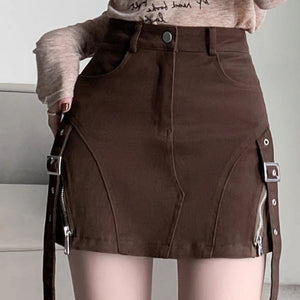 VILZSTUDIOS Stylish high-waisted denim skirt with buckle straps