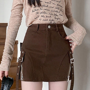 VILZSTUDIOS Stylish high-waisted denim skirt with buckle straps