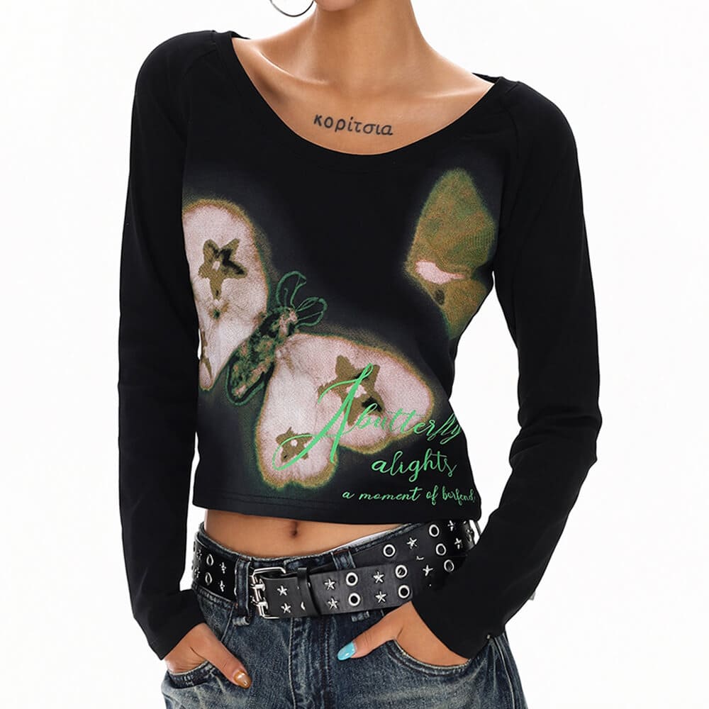 VILZSTUDIOS Chic butterfly graphic long sleeve top from VILZSTUDIOS