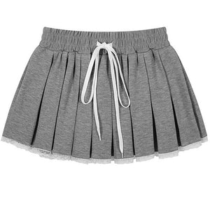 VILZSTUDIOS Chic drawstring pleated mini skirt with lace trim