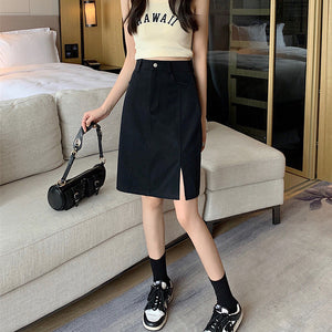 VILZSTUDIOS Chic high-waist denim skirt with front slit and pockets