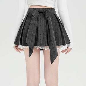 VILZSTUDIOS Chic Lace Bow Pleated Skirt product image